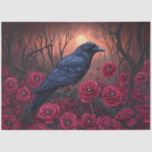 Gotische Raven met Dark Red Poppies Decoupage Tissuepapier (Voorkant)