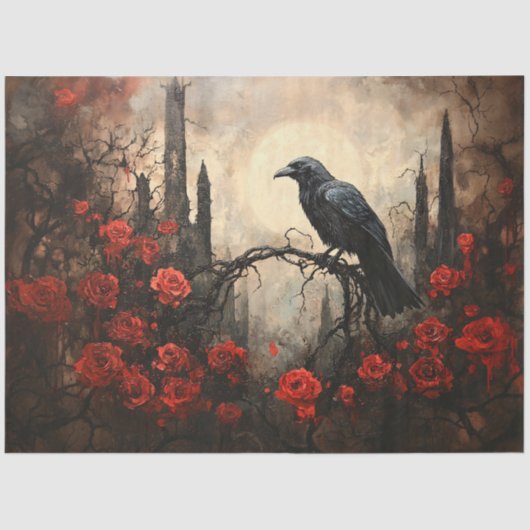 Gotische Raven met Donkerrode Rozen Decoupage Tissuepapier (Voorkant)