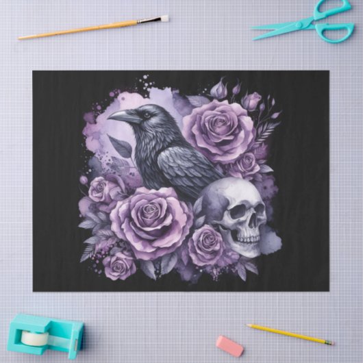Gotische Raven Paarse Rozen schedel Decoupage Tissuepapier (Craft)