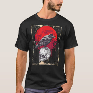 Gotische Raven schedel Rode Maan Zwarte Kraai T-shirt