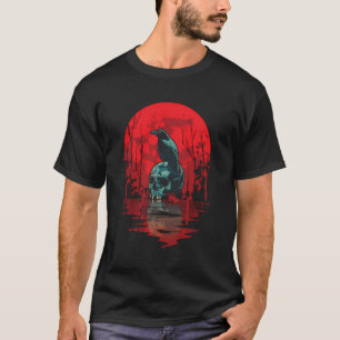 Gotische Raven schedel Rode Maan Zwarte Kraai T-shirt