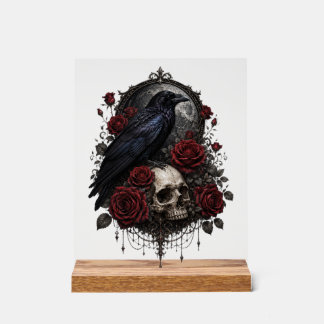 Gotische Raven Schedel & Rode Rozen Donkere Kunst Acryl Bord