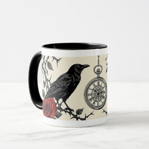 Gotische ravenklok en rozen mok