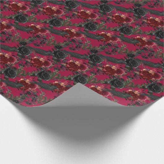  Gotische Ravens en Rozen Donkerrood Cadeaupapier (Hoek)