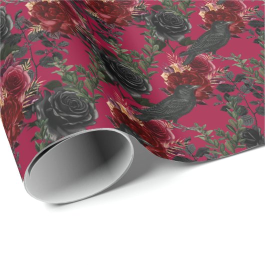  Gotische Ravens en Rozen Donkerrood Cadeaupapier (Rol Hoek)