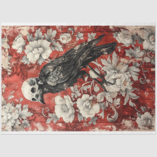  Gotische Rode Bloemen Raven Decoupage Tissuepapier (Voorkant)