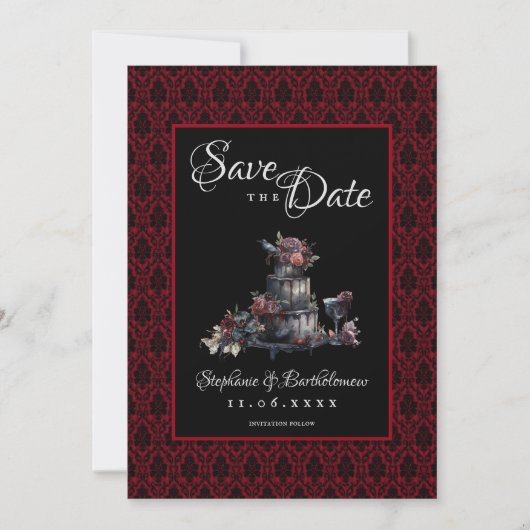 Gotische Rode Damast Foto Save The Date (Voorkant)