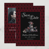 Gotische Rode Damast Foto Save The Date (Voorkant / Achterkant)