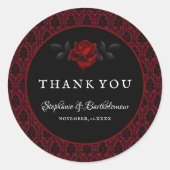 Gotische rode damasten roos bruiloft ronde sticker (Voorkant)