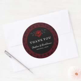 Gotische rode damasten roos bruiloft ronde sticker