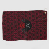 Gotische rode damasten roos monogram golfhanddoek (Horizontaal)
