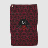 Gotische rode damasten roos monogram golfhanddoek (Voorkant)