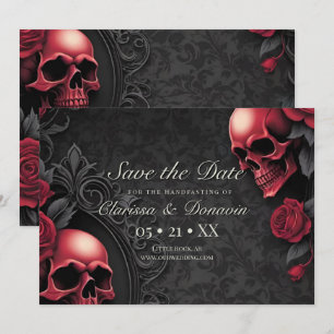 Gotische rode en zwarte schedel en roos damast han save the date