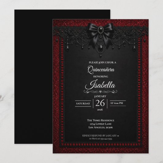 Gotische rode glitter Quinceañera Kaart (Voorkant / Achterkant)