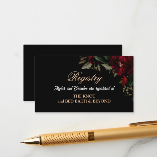 Gotische rode groene bloemenmoody huwelijksregiste informatiekaartje (Voorkant / Achterkant in situ)