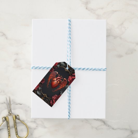 Gotische Rode Hart met Rozen – Donkere Romantiek Cadeaulabel (Met Touw)
