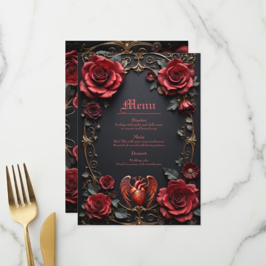 Gotische Rode Hart met Rozen – Donkere Romantiek Menu (Voorkant / Achterkant in situ)