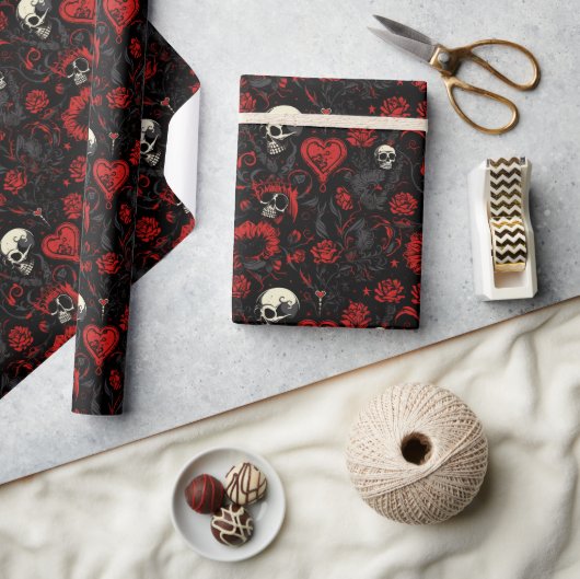 Gotische rode harten en schedels cadeaupapier (Crafts)