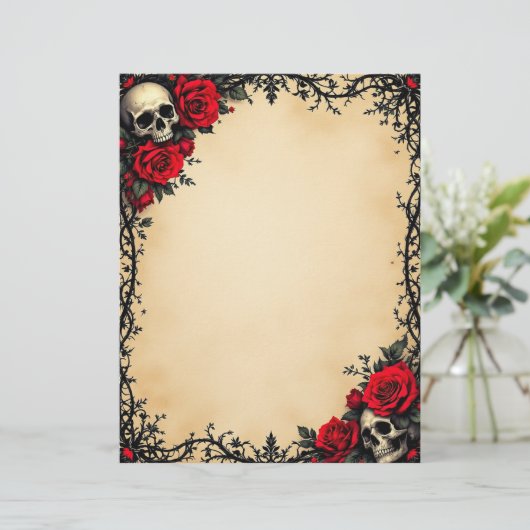 Gotische rode roos en schedels briefhoofd (Staand voorkant)