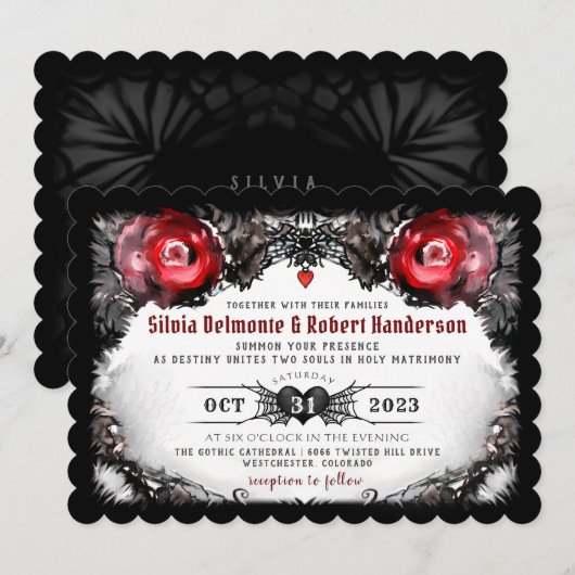 Gotische rode rozen en spinnen Halloween bruiloft Kaart (Voorkant / Achterkant)