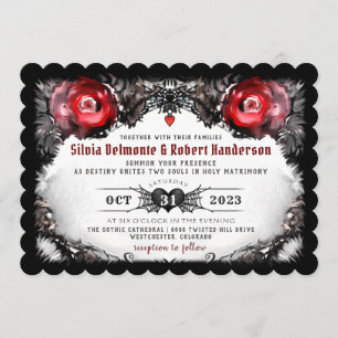 Gotische rode rozen en spinnen Halloween bruiloft Kaart