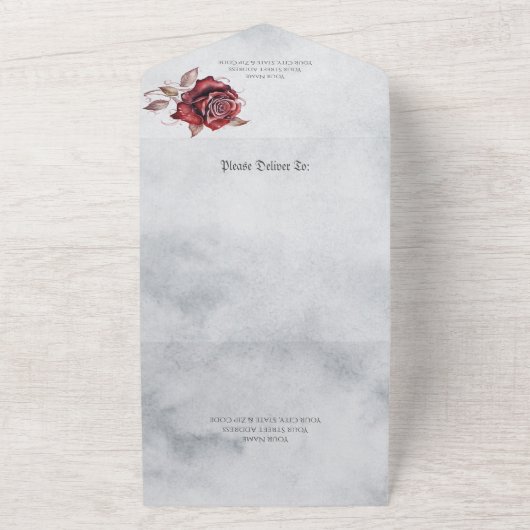 Gotische rode rozen met QR-code All In One Uitnodiging (Buitenkant)