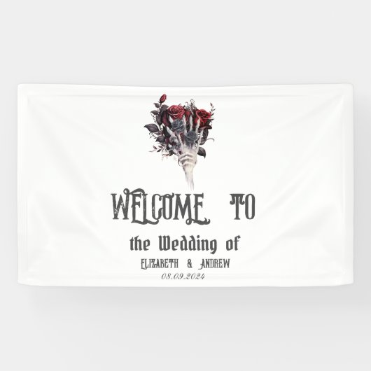 Gotische Rode Rozen Skelet Bruiloft  Spandoek (Horizontaal)