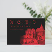 Gotische rode zwarte kasteel bestemming bruiloft RSVP kaartje (Staand voorkant)