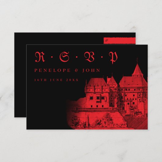 Gotische rode zwarte kasteel bestemming bruiloft RSVP kaartje (Voorkant / Achterkant)