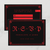 Gotische rode zwarte typografie bruiloft RSVP kaartje (Voorkant / Achterkant)