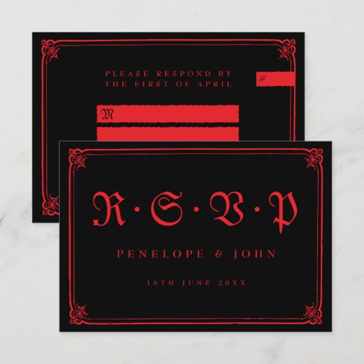 Gotische rode zwarte typografie bruiloft RSVP kaartje (Voorkant / Achterkant)