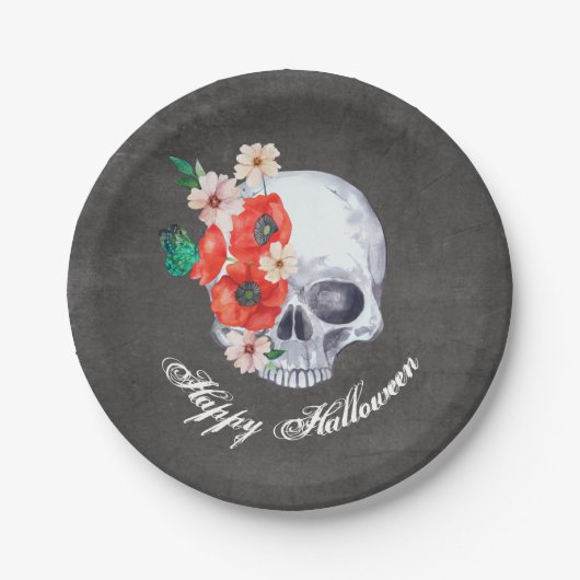 Gotische Romance Bloemenschedel Halloween Papieren Bordje (Voorkant)