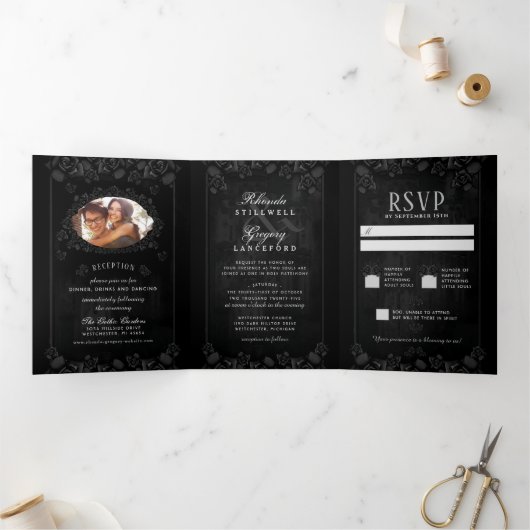 Gotische Romance Halloween (foto) RECEPTIE & RSVP Drieluik Uitnodiging (Binnen)