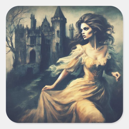 Gotische Romance Scène Spooky Castle Horror Vierkante Sticker (Voorkant)
