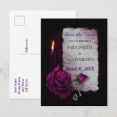 Gotische Romance Sla de datum Paarse Roos kaars op Aankondigingskaart (Voorkant / Achterkant)