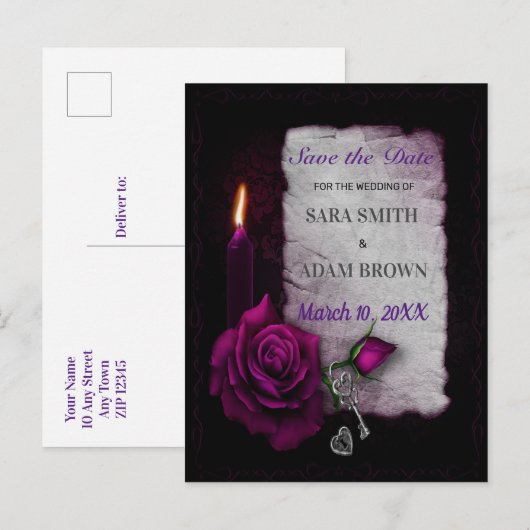 Gotische Romance Sla de datum Paarse Roos kaars op Aankondigingskaart (Voorkant / Achterkant)