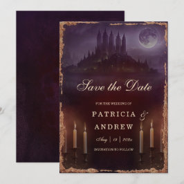 Gotische romantiek save-the-date bordeauxrode trou kaart