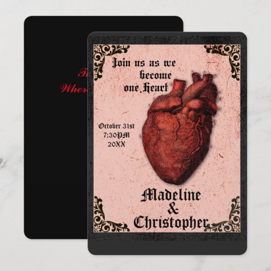 Gotische Rood Zwarte Macabre Hart Trouwkaart Uitno Kaart (Voorkant / Achterkant)