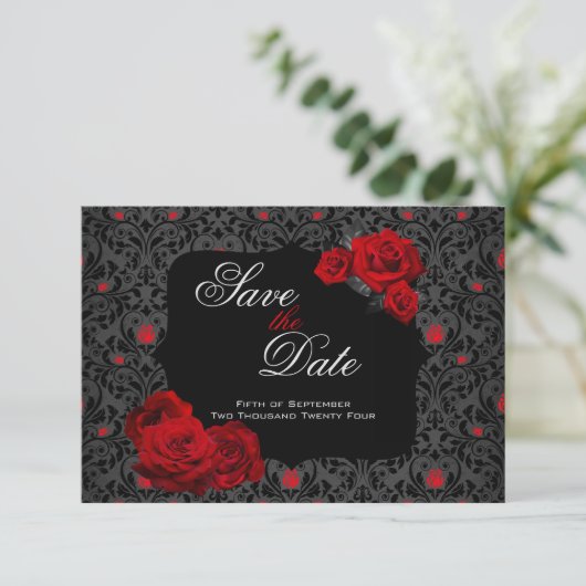 Gotische Roos Rood en Zwart Save The Date (Staand voorkant)