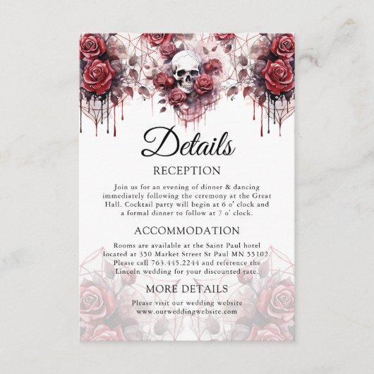 Gotische Roos schedel bruiloft Details Behuizing K Informatiekaartje (Voorkant)