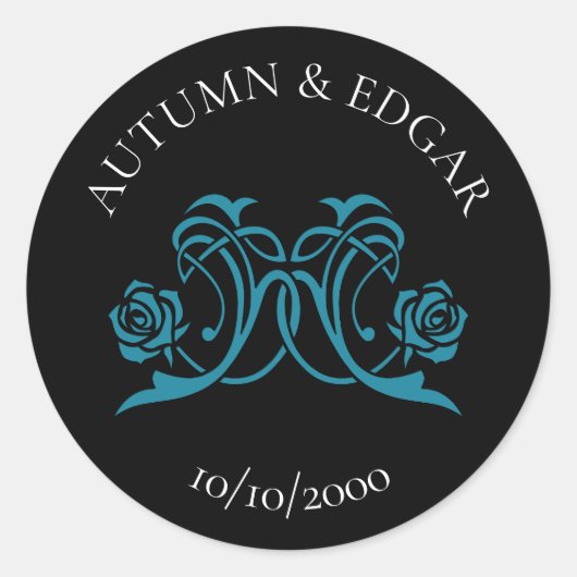 Gotische Roos Turquoise Zwarte Bruiloft Ronde Sticker (Voorkant)