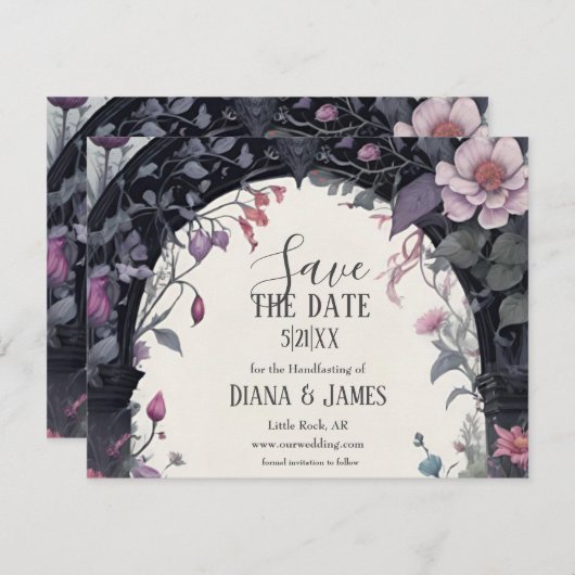 Gotische roze bloementuin poort heidense handvaste save the date (Voorkant / Achterkant)