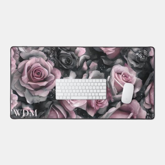 Gotische Roze en Zwarte Rozen Monogram Bureaumat (Keyboard & Muis)