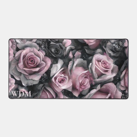Gotische Roze en Zwarte Rozen Monogram Bureaumat (Voorkant)