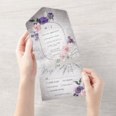 Gotische Roze & Paarse Bloemen Halloween Diner All In One Uitnodiging (Afscheurbaar)