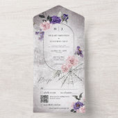 Gotische Roze & Paarse Bloemen Halloween QR Code All In One Uitnodiging (Binnen)