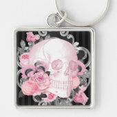 Gotische Roze Schedel met Rozen Sleutelhanger (Voorkant)