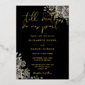 Gotische Rozen Bloemen Bruiloft Zwart en Goud Folie Uitnodiging (Voorkant)