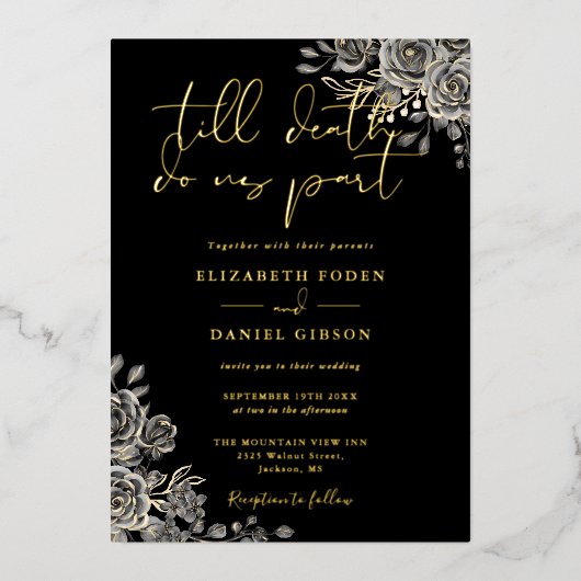 Gotische Rozen Bloemen Bruiloft Zwart en Goud Folie Uitnodiging (Voorkant)