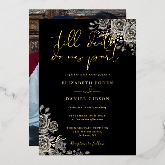 Gotische Rozen Bloemen Foto Huwelijk Zwart en Goud Folie Uitnodiging (Voorkant / Achterkant)